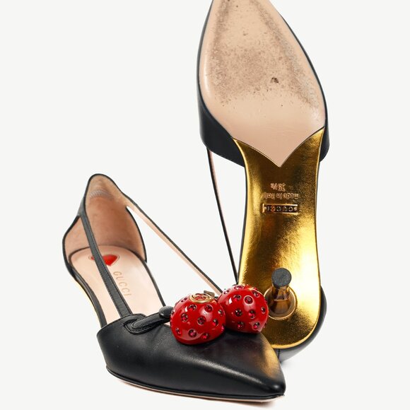 Gucci Unia Black Leather Cherry-Embellished Pointed-Toe Heels - Picture 5 of 10
